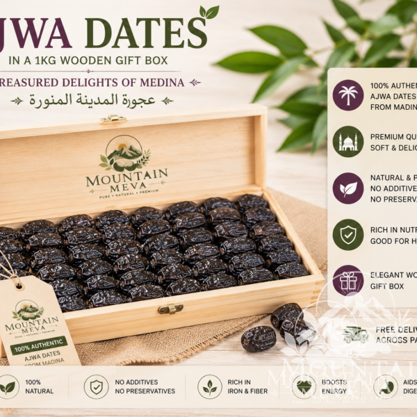 Ajwa dates in a 1kg wooden gift box: treasured delights of medina